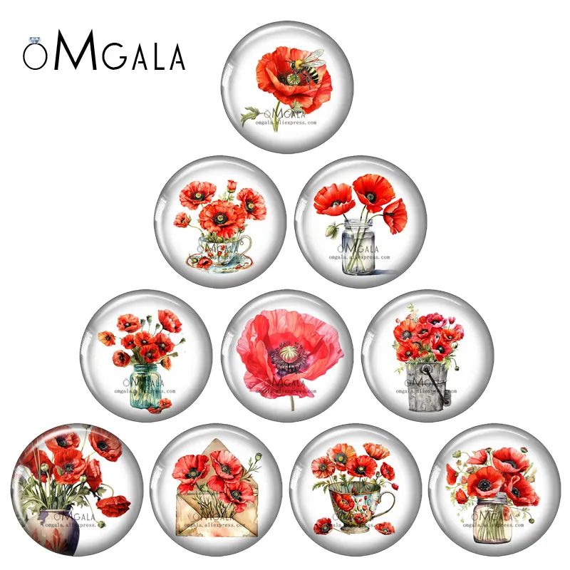 New Watercolor Red Poppy Flower Art Painting 12mm/18mm/20mm/25mm Round photo glass cabochon demo flat back Making findings