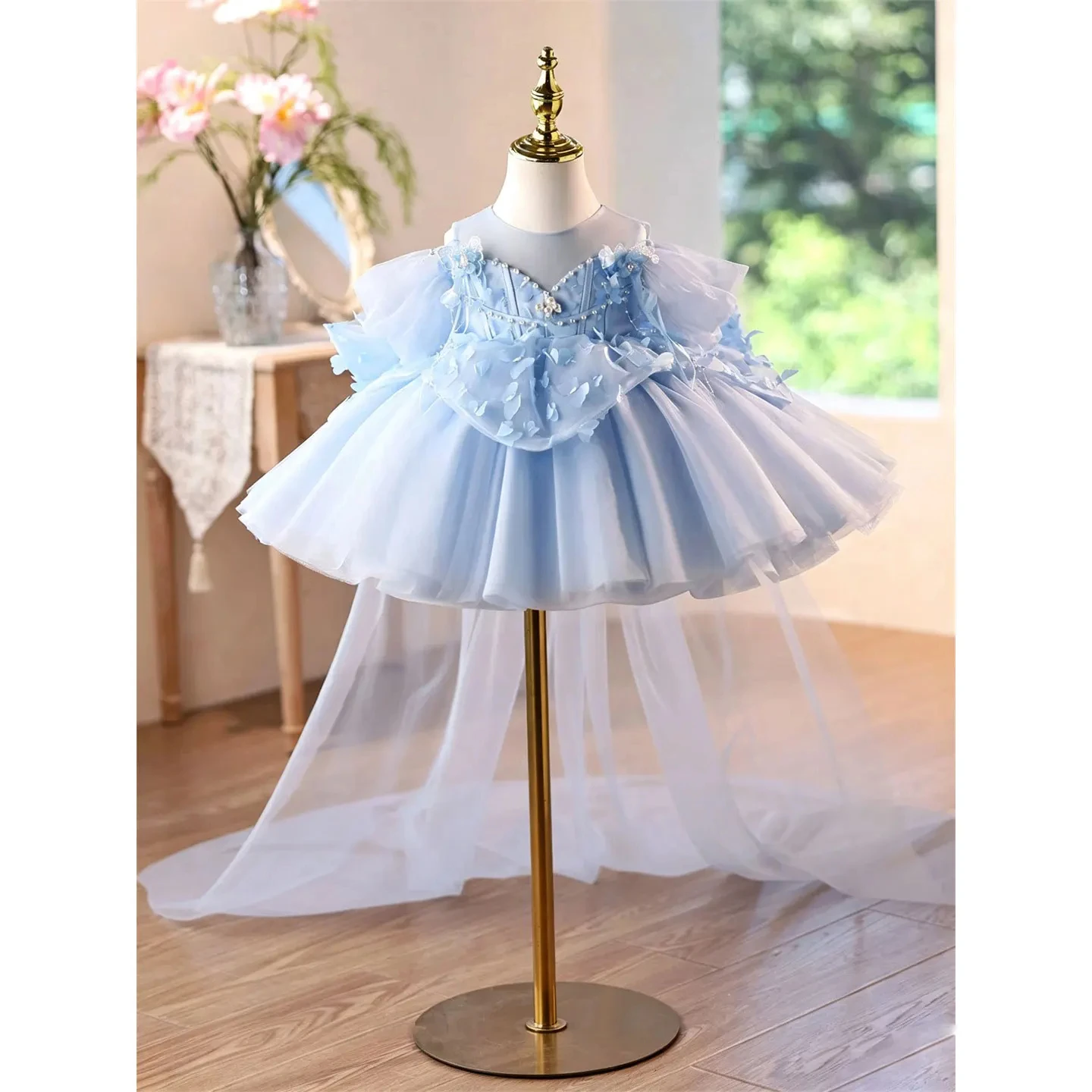 Customized Flower Girl Dress For Wedding Bow Appliques Short Sleeve Knee Length Luxury Kids Birthday First Communion Gown