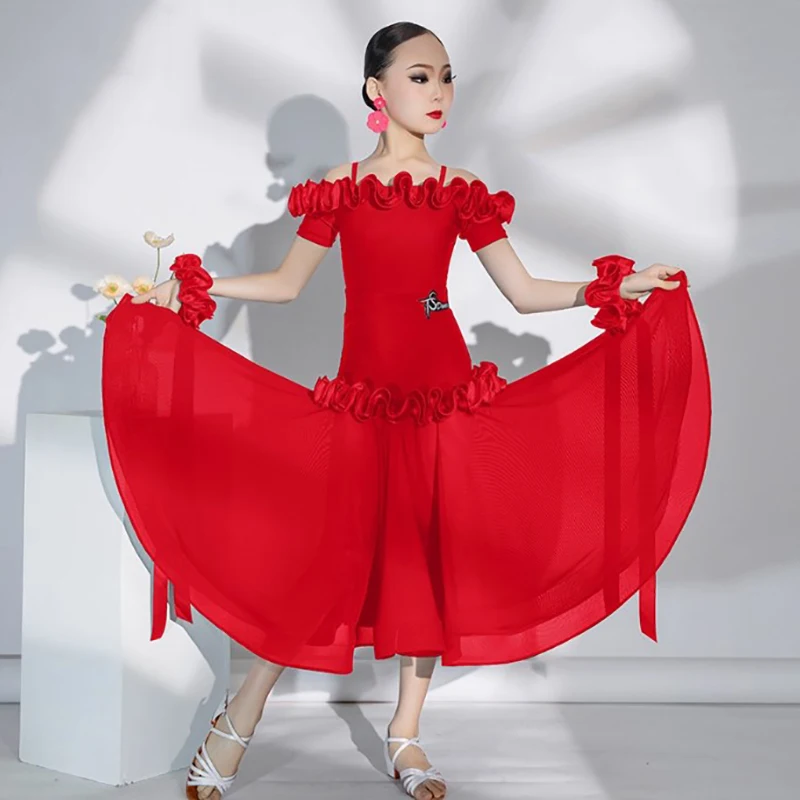 

Детская танцевальная одежда для соревнований по современному танцам для девочек, сетчатые большие юбки, современный бальный костюм для взрослых, профессиональный тренировочный костюм