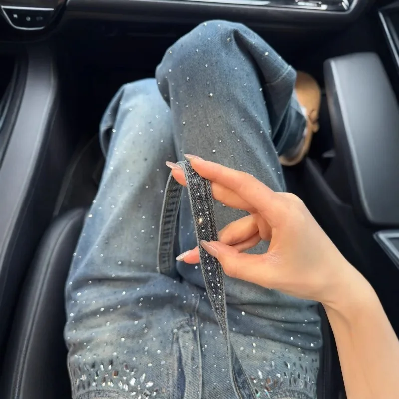 

Fashion Design Solid Women Jeans Wide Leg Pants Women High Waisted Slim Denim Pants Slimming Sash Trendy Shine Trousers