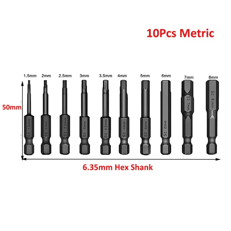 

10Pcs Hex Head Allen Wrench Drill Bit Set SAE Metric Quick Release Magnetic Hex Bit Set 50mm Length Hex Key Socket Driver Bit