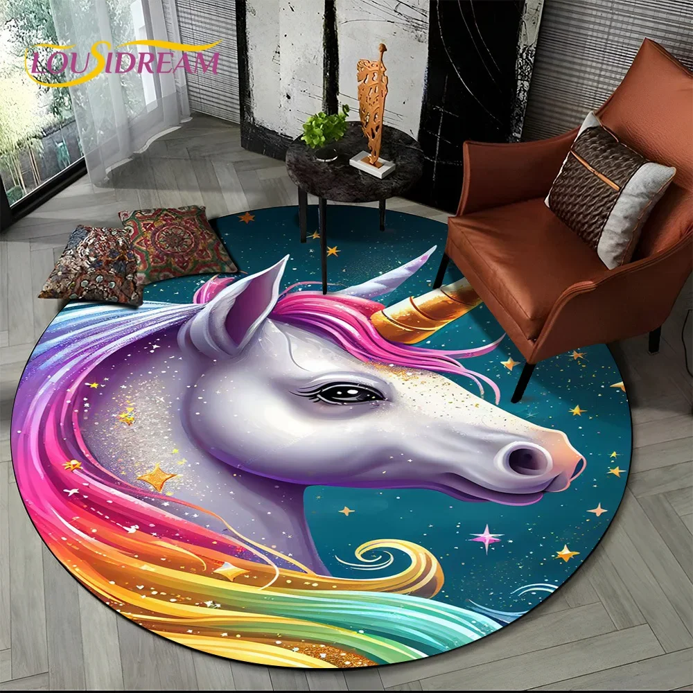 3D Cute Dream Unicorn Cartoon Girl Round Carpet Rug for Living Room Bedroom Sofa Decor,Kids Pet Area Rug Non-slip Floor Mat Gift