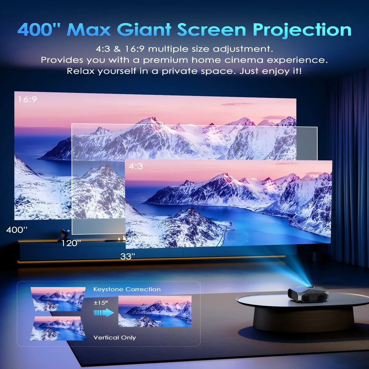 جهاز عرض WiFi 6 4K، سطوع 2000 لتر وشاشة صمام ثنائي باعث للضوء للفيلم والألعاب الخارجية مقاس 400 بوصة