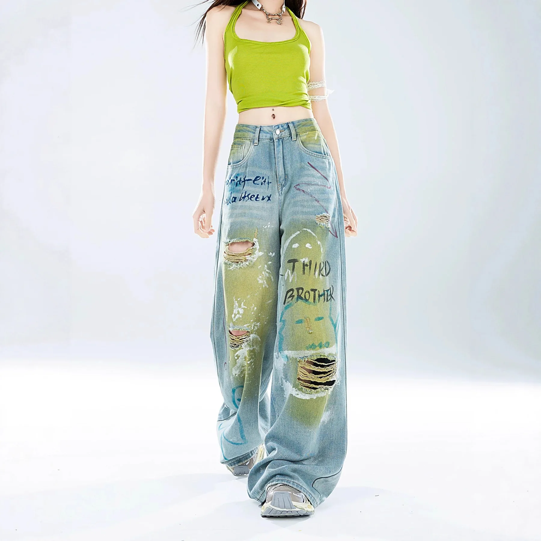 2026 Summer New Dopamine Graffiti Ripped Jeans For Women American Vintage Baggy Wide Leg Pants 2