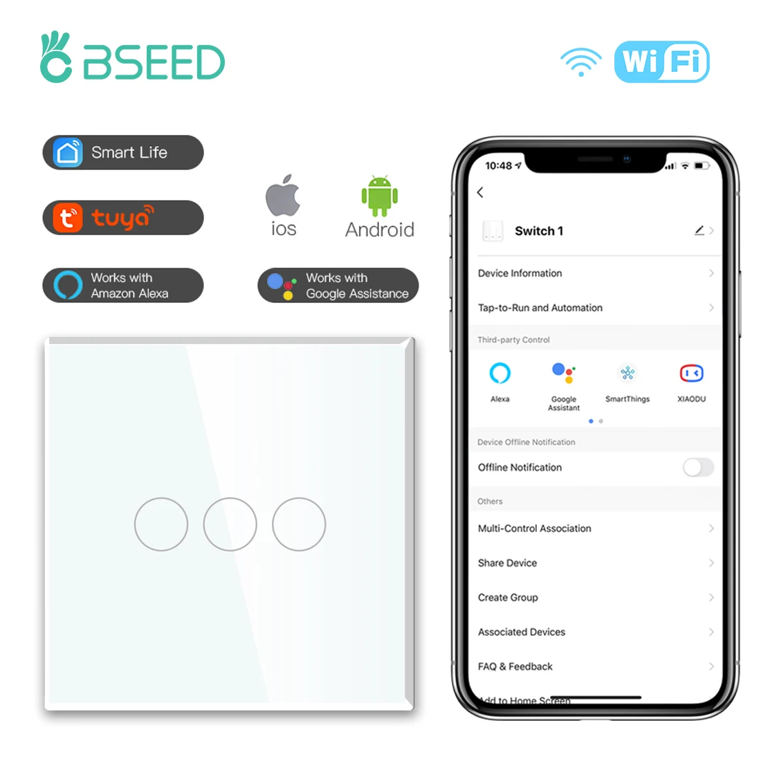 BSEED EU Standard Wifi Wand Schalter 1/2/3Gang 1/2/3Way Smart Touch licht Schalter Steckdosen Google Alexa Tuya Steuerung