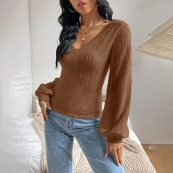 Sexy V Neck Knitting Slim Female T Shirts Classic Solid Color Simple Top 2024 Autumn Casual Puff Sleeves Women Knitted Tops