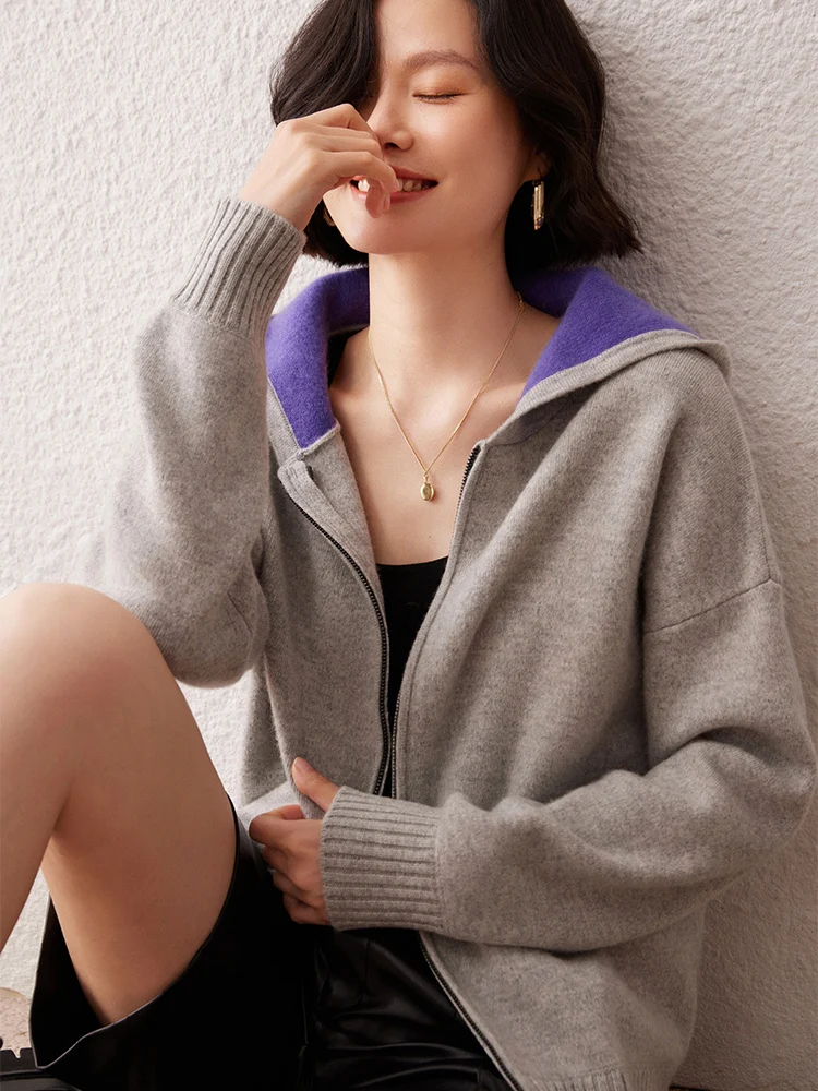 ฤดูใบไม้ผลิฤดูใบไม้ร่วงHoodedสีทึบซิปเสื้อสเวตเตอร์ถักแคชเมียร์เสื้อถักเสื้อกันหนาวผู้หญิงคุณภาพสูงสไตล์เรียบง่ายเสื้อสบาย