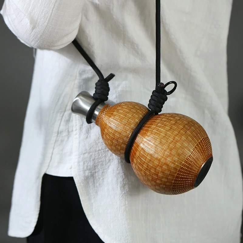 Portable Crossbody Gourd Thermal Bottle Handmade Bamboo Weave Large Capacity Drink & Wine Container