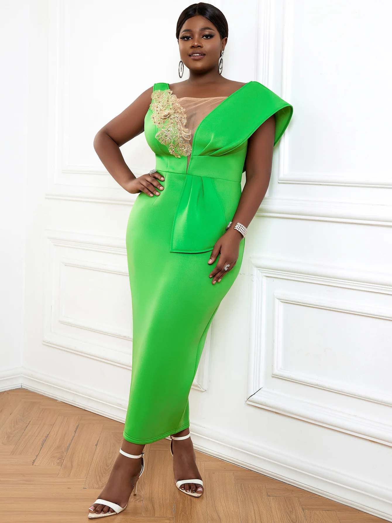 AOMEI-vestidos de festa verde para mulheres, gola V, aplique de malha, bodycon longo, elegantes vestidos de baile africanos, plus size, luxo, festa