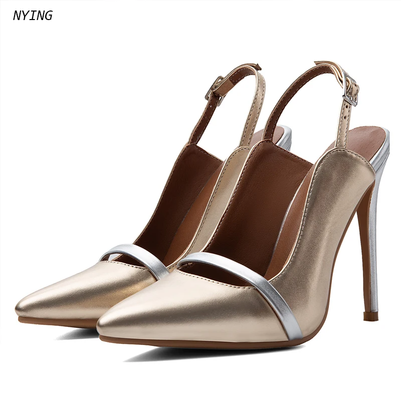 Women Gold Silver Slingback Pumps Pointed Toe Thin Stiletto High Heels Adjustable Buckle Strap Evening Wedding Party Shoes 47