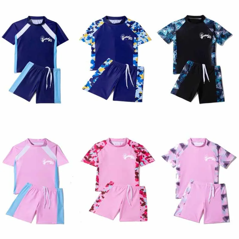 Boys' Split Swimsuit Girls Short Sleeve Sleeve Shorts Swimwear 2 Piece Set Children's Surfing Quick Drying Swimming Clothes