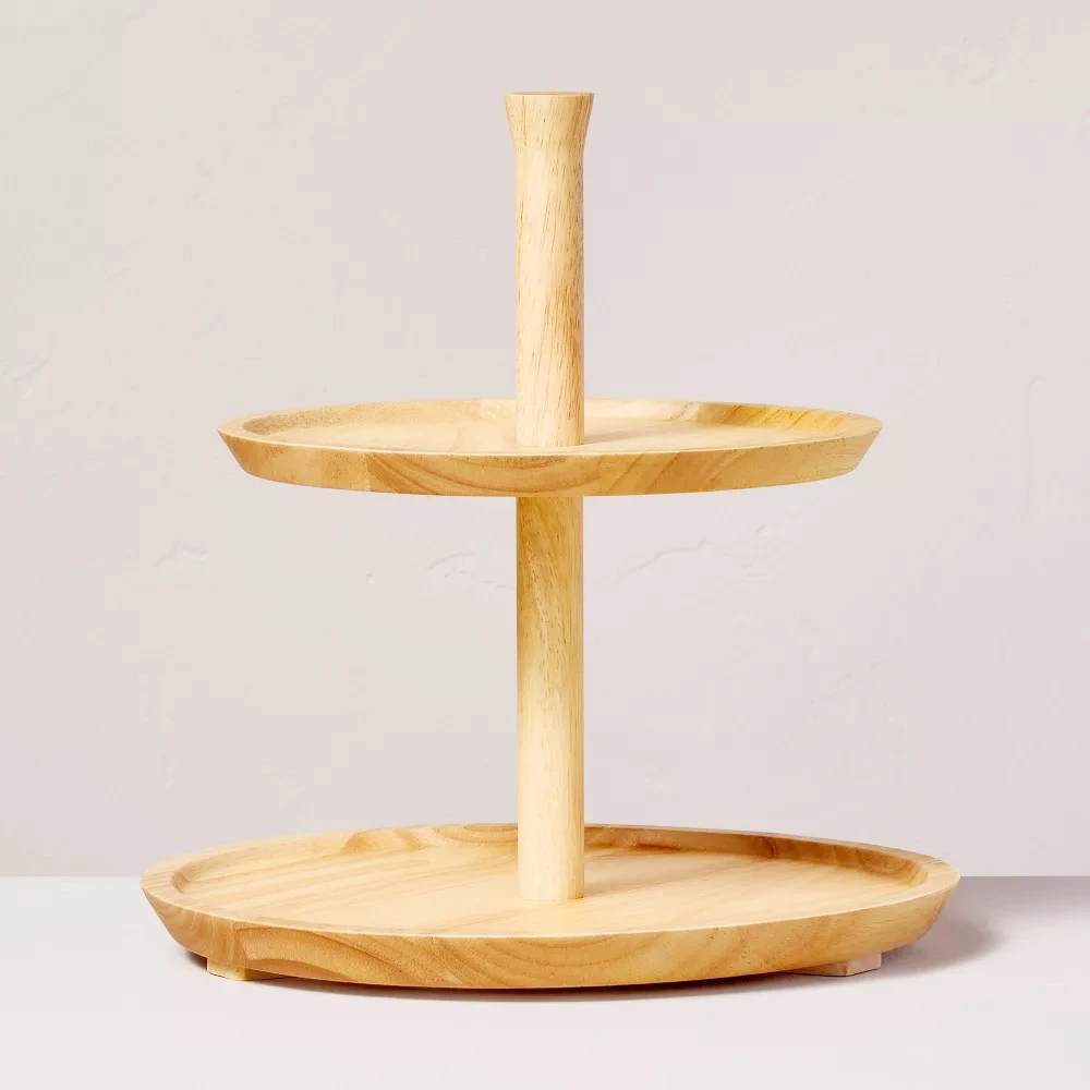 

Wooden 2 Tiered Tray Stand,Rubber Wood Two Tier Tray for Kitchen Counter,Round Serving Display Tray Home Decor for Fruit Cupcake