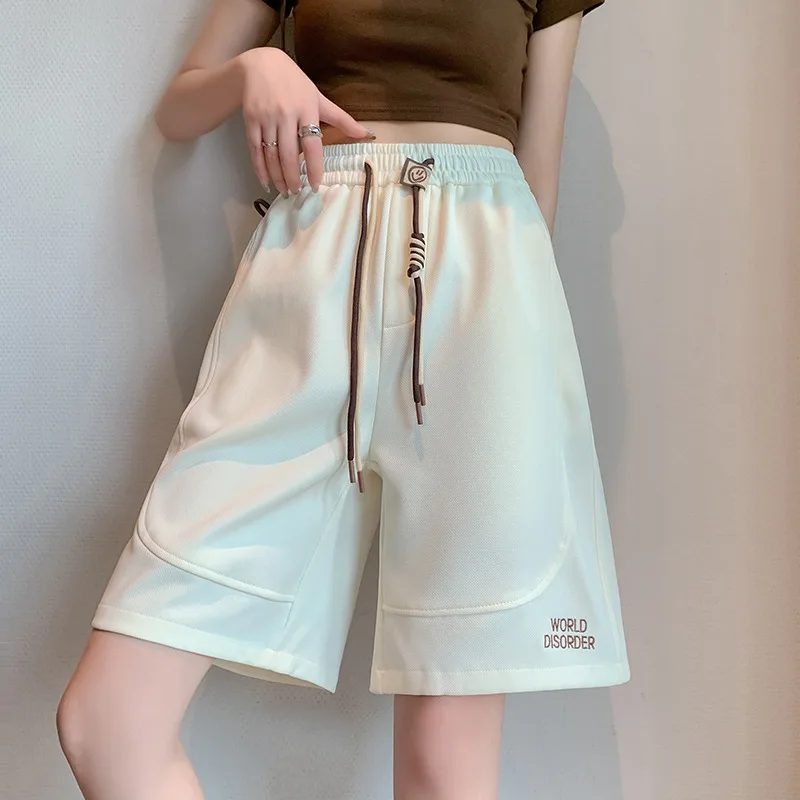 Straight Sports Shorts Women Summer Drawstring High Waist Loose Solid Color Shorts Casual Daily Versatile Students Pants Female