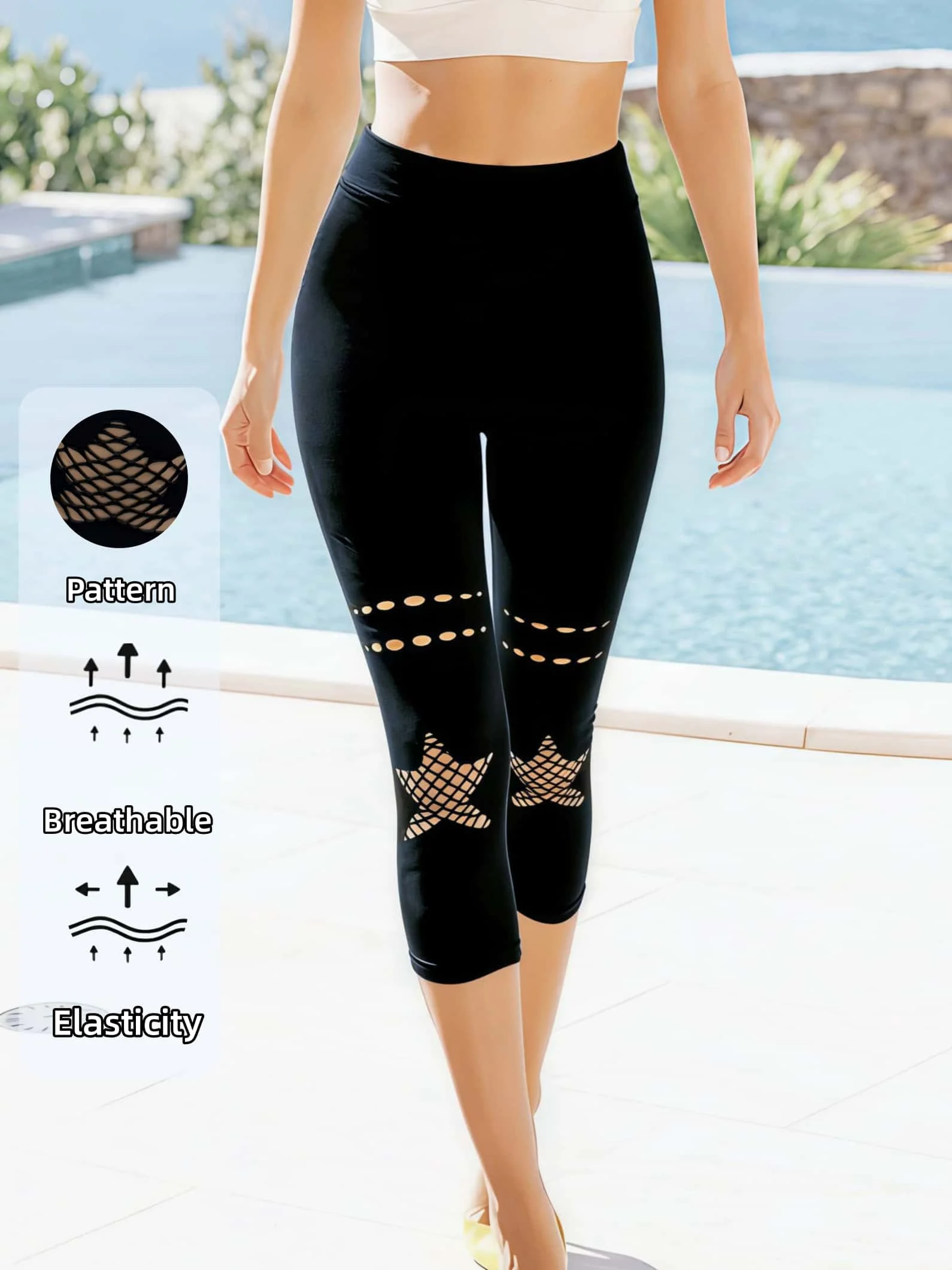 Women's Black High Waist Hollow Out Star Pattern Leggings, Fashion Breathable Knitted Slim Fit Casual Leggings, Daily Commuting