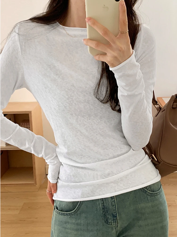 Spring Autumn T Shirt Women Tops Solid Long Sleeve Ruched O Neck Tshirts Female Korean Casual Streetwear High Quality Base Tees