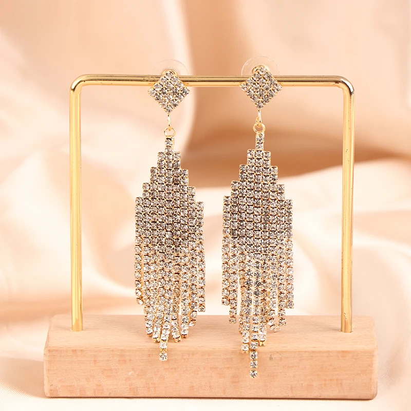 S925 silver needle Classic Shiny Crystal Earrings Ladies Exaggerated Long Earrings Tassels Rhinestone Earrings Fashion Korean Ea