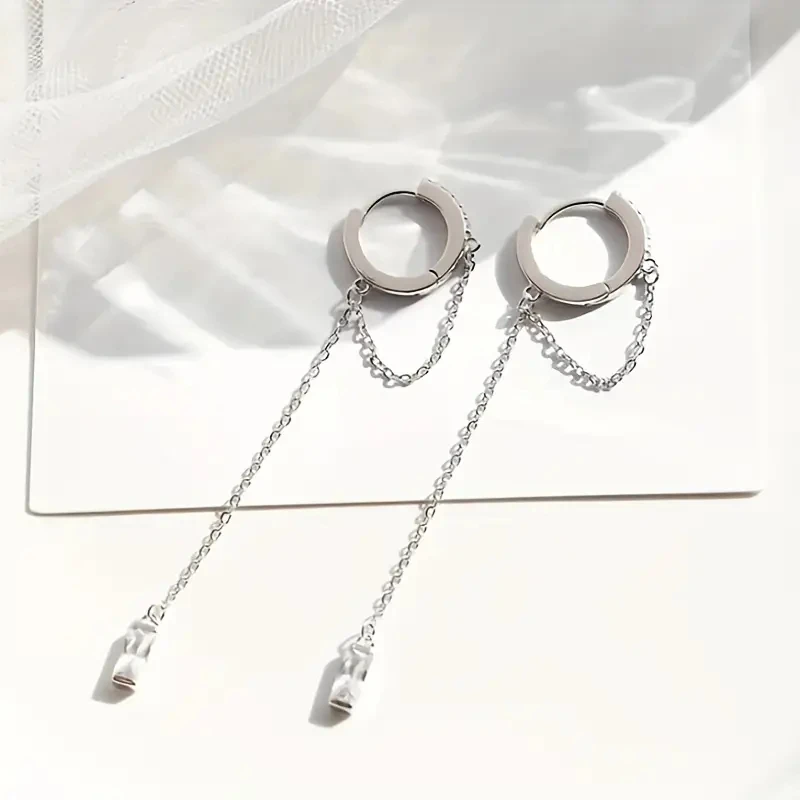 Fashionable Silvery Tassel Hoop Pendant Earrings, Exquisite Jewelry, Perfect Birthday Gift for Girls