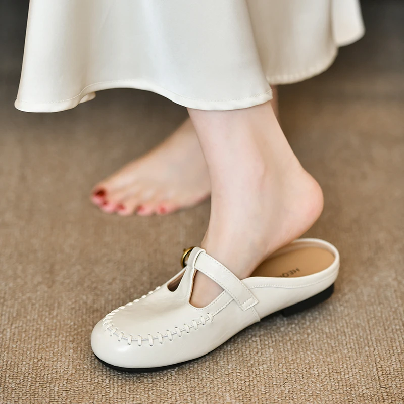 Fashion Sewing Flat Slippers Summer Pull on Women Mules Belt Buckle Ladies Slides Shoes Outdoor Casual Round Toe Moccasins New view 2