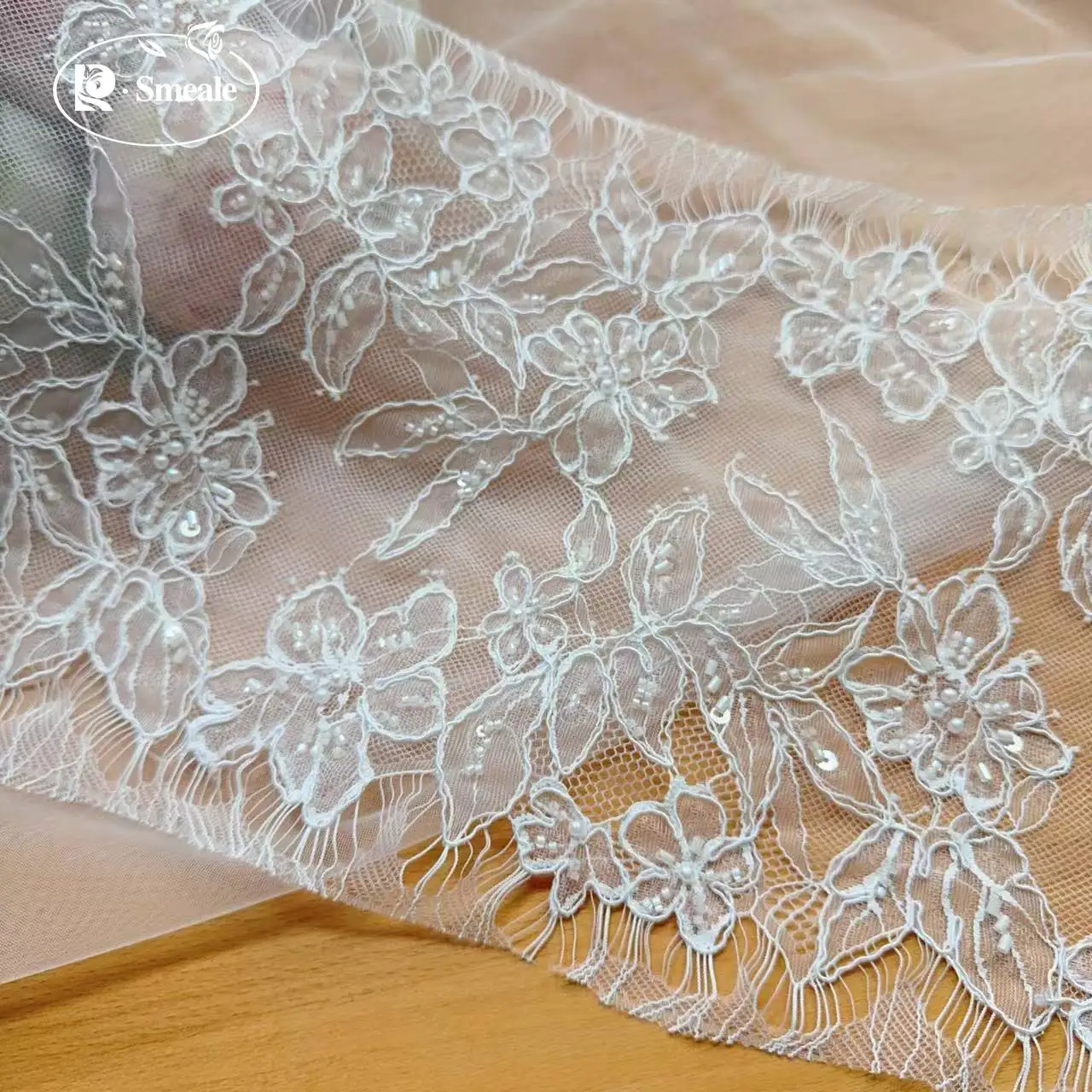 3 Meter/Stück. Seil-Stickerei, Perlen, Pailletten, Spitzenkopfschleier, Hochzeitskleid, Dekorationszubehör, handgemachter DIY-Spitzenbesatzstoff. – Detail 7