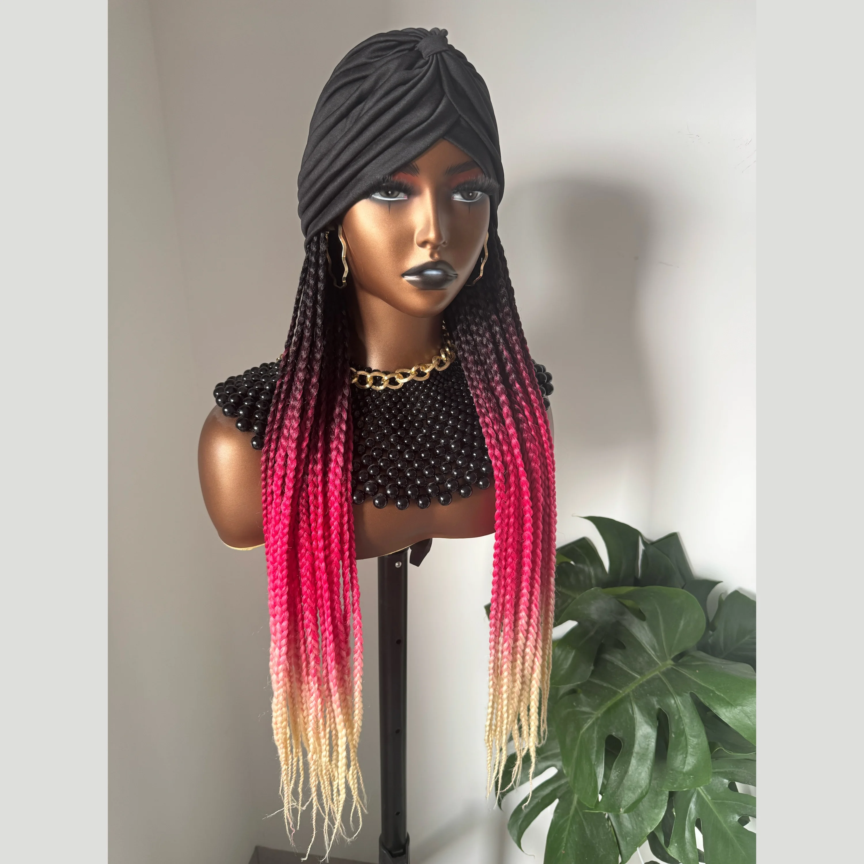 Peruca sintética trançada longa com headband, ombre, preto, rosa, vermelho, bege, loiro mel, trançando, extensões de cabelo para mulheres, 24"