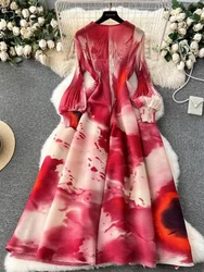 ANLAN Maxi Pleated Dress Print Color Block Full Sleeve Fold Holiday Outfits Womens 2024 New Summer Luxury Party Clothes 2A705