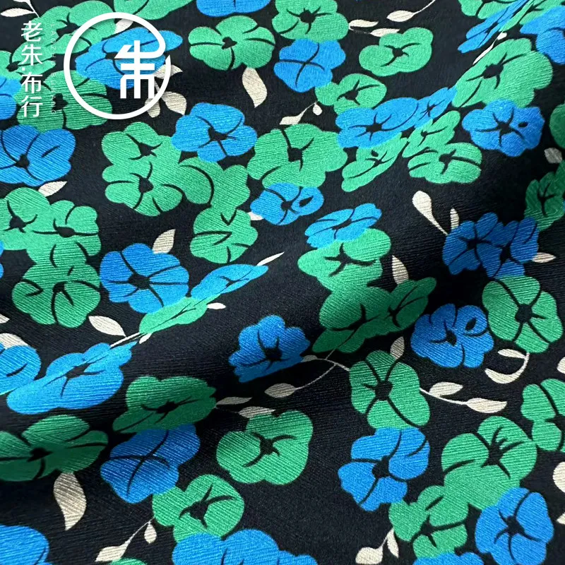 Blue Green Small Floral Heavy Silk Silk Fabric Herringbone Pattern 22 Momme Fabric Dress Top Fabric