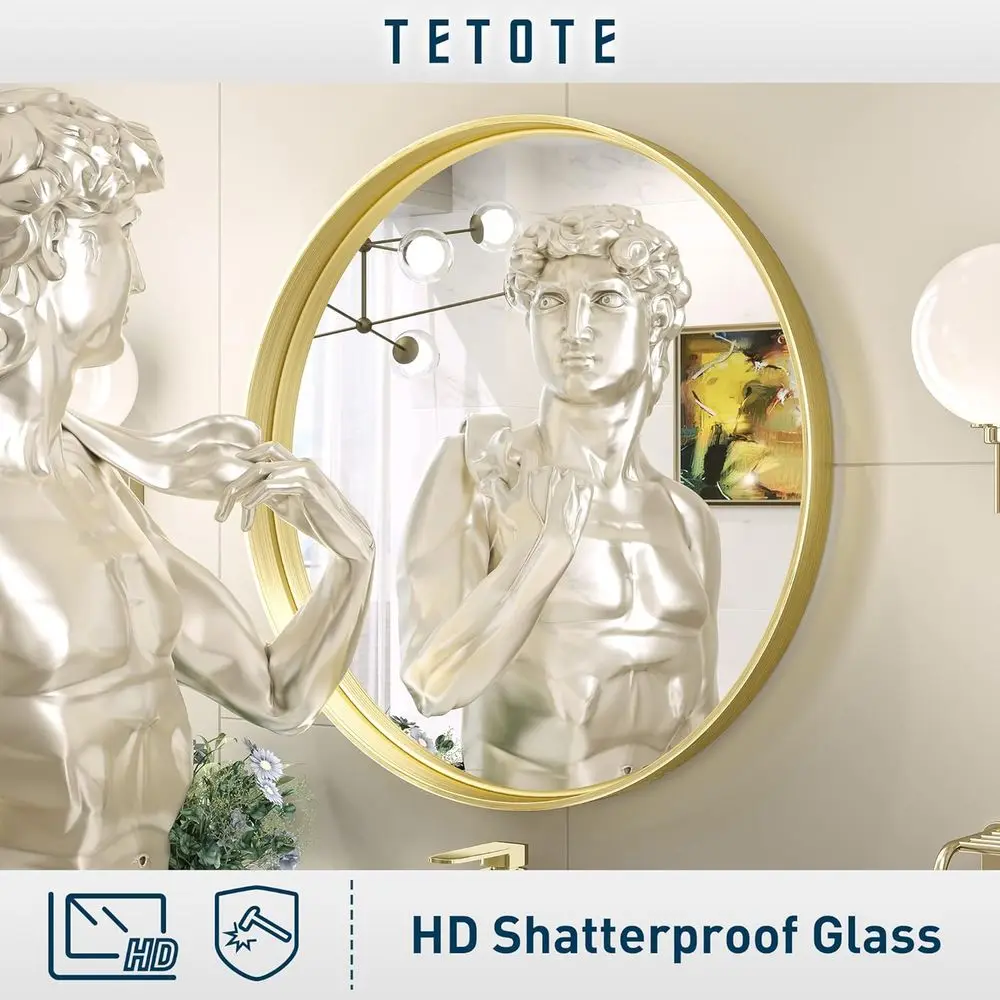 24 Inch Gold-Framed Circle Vanity Mirror, Modern Brushed Metal Wall Mount, Shatterproof Farmhouse Style Decor