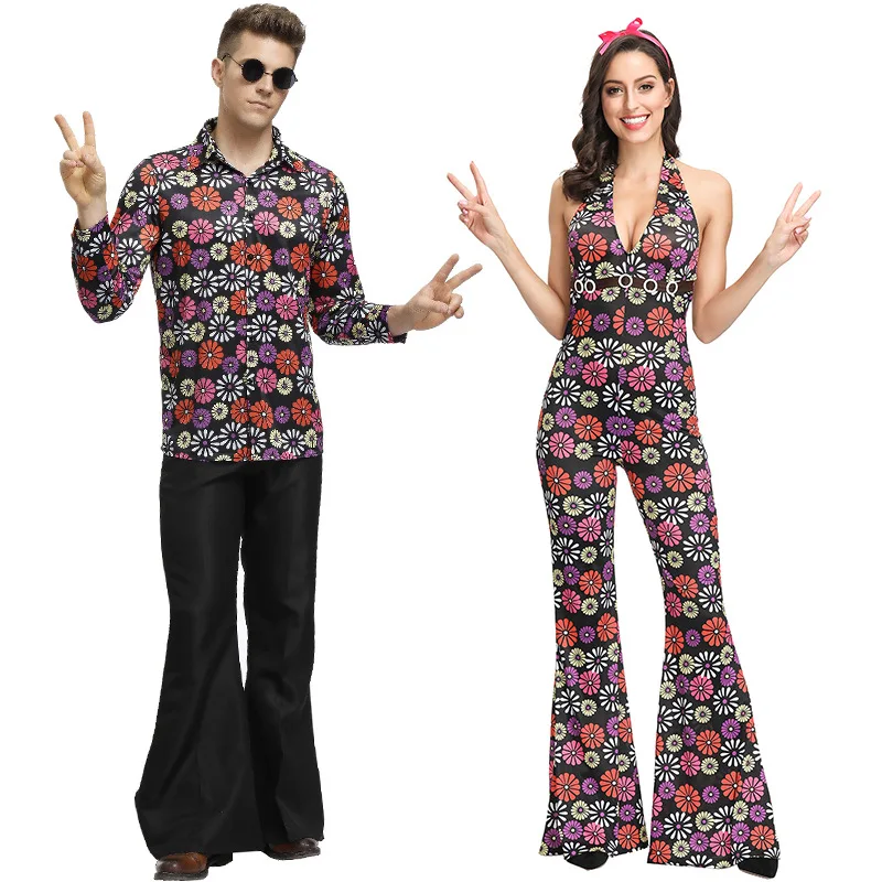 Robe de Barrage de Carnaval d'Halloween Rétro, Costume Hippie Chang des Années 60 et 70, pour Couple, Homme et Femme