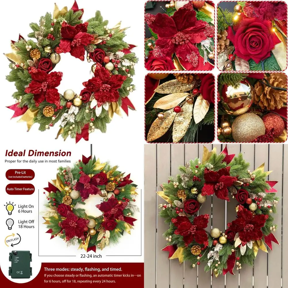 

24-дюймовый рождественский венок со светодиодной подсветкой — большой уличный праздничный декор для входной двери, зимний рождественский сад в помещении и на открытом воздухе