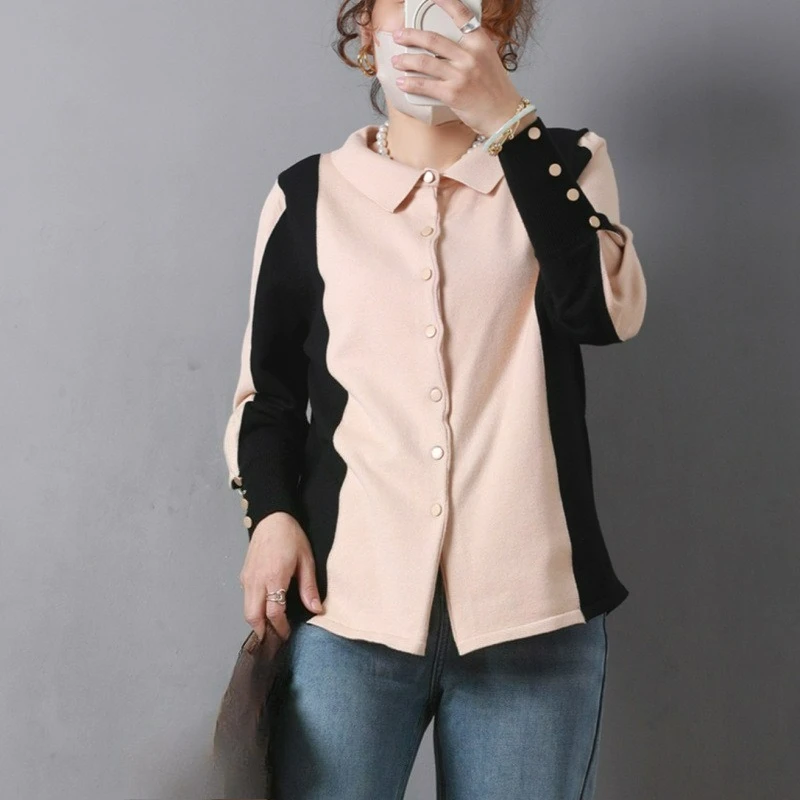 

2025 Новый женский лоскутный кардиган с длинными рукавами и цветными блоками, модное пальто, топ