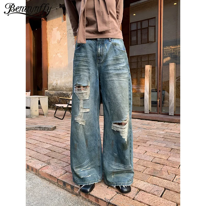 

Benuynffy Harajuku Retro Ripped Hole Jeans Women 2026 Spring Summer New American Fashion Y2K Low Waist Loose Wide Leg Pants