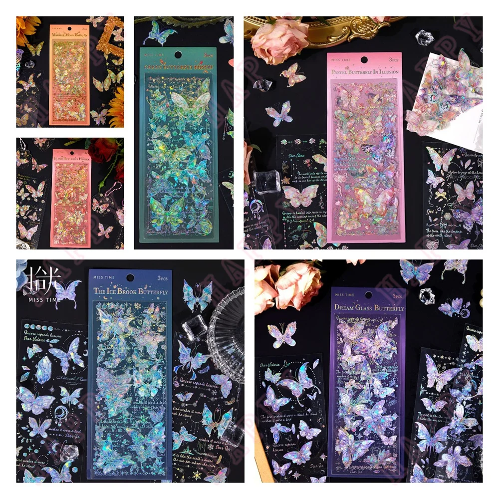 3 Stück Traum Kristall Schmetterling dekorative Gold Stempel Aufkleber Retro Scrap booking Material Etikett DIY Tagebuch Album Journal Planer