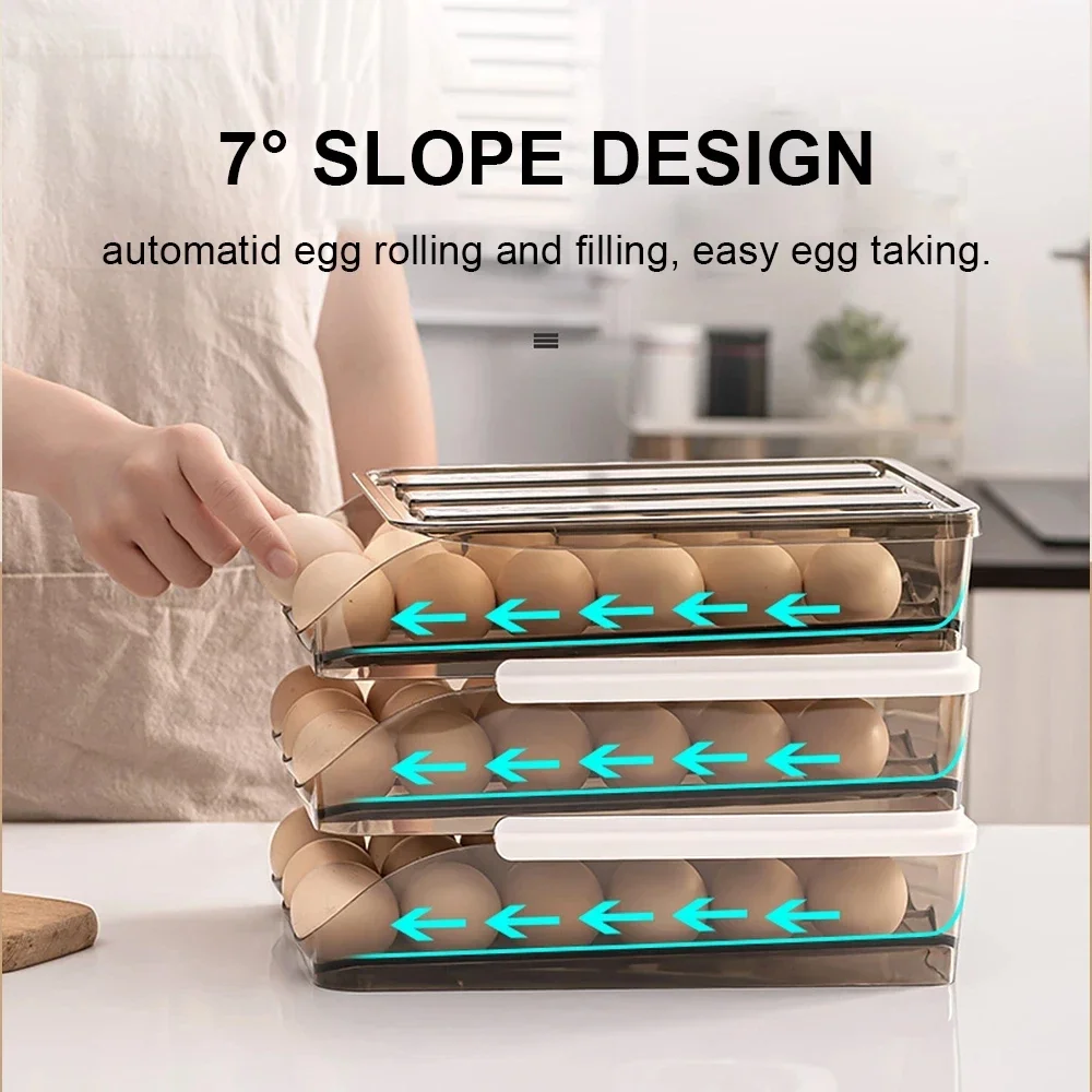 Automatic Slide Egg  Box Transparent Drawer, Stackable Rolling Eggs Rack Egg Tray Holder Basket, Kitchen Fridge Organize