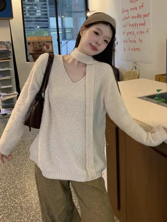 루즈핏 레드 니트 스웨터, 스카프 포함, 가을 겨울용 따뜻한 V넥 롱 스웨터, 여성용 상의