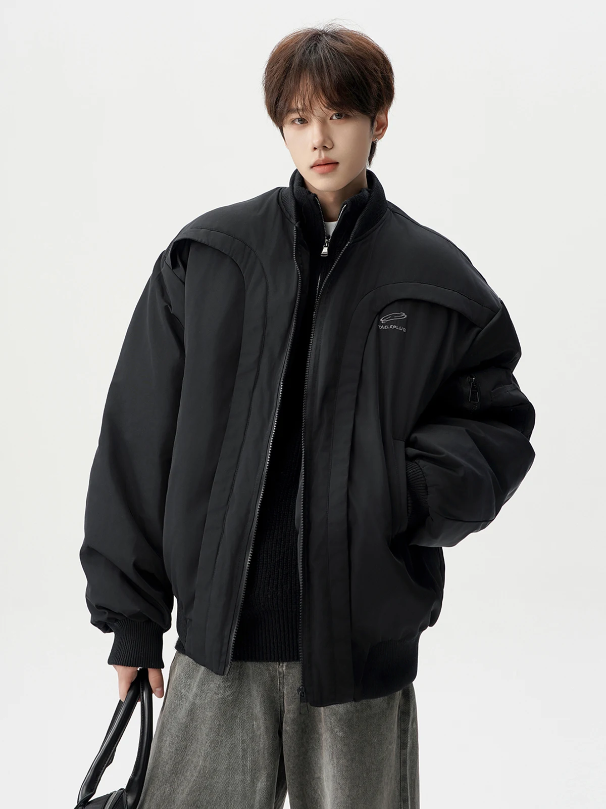 2025 Winter New Men's Loose Casual Black Thickened Warm Stand Collar Long Sleeve Curved Pocket Design Cotton Jacket