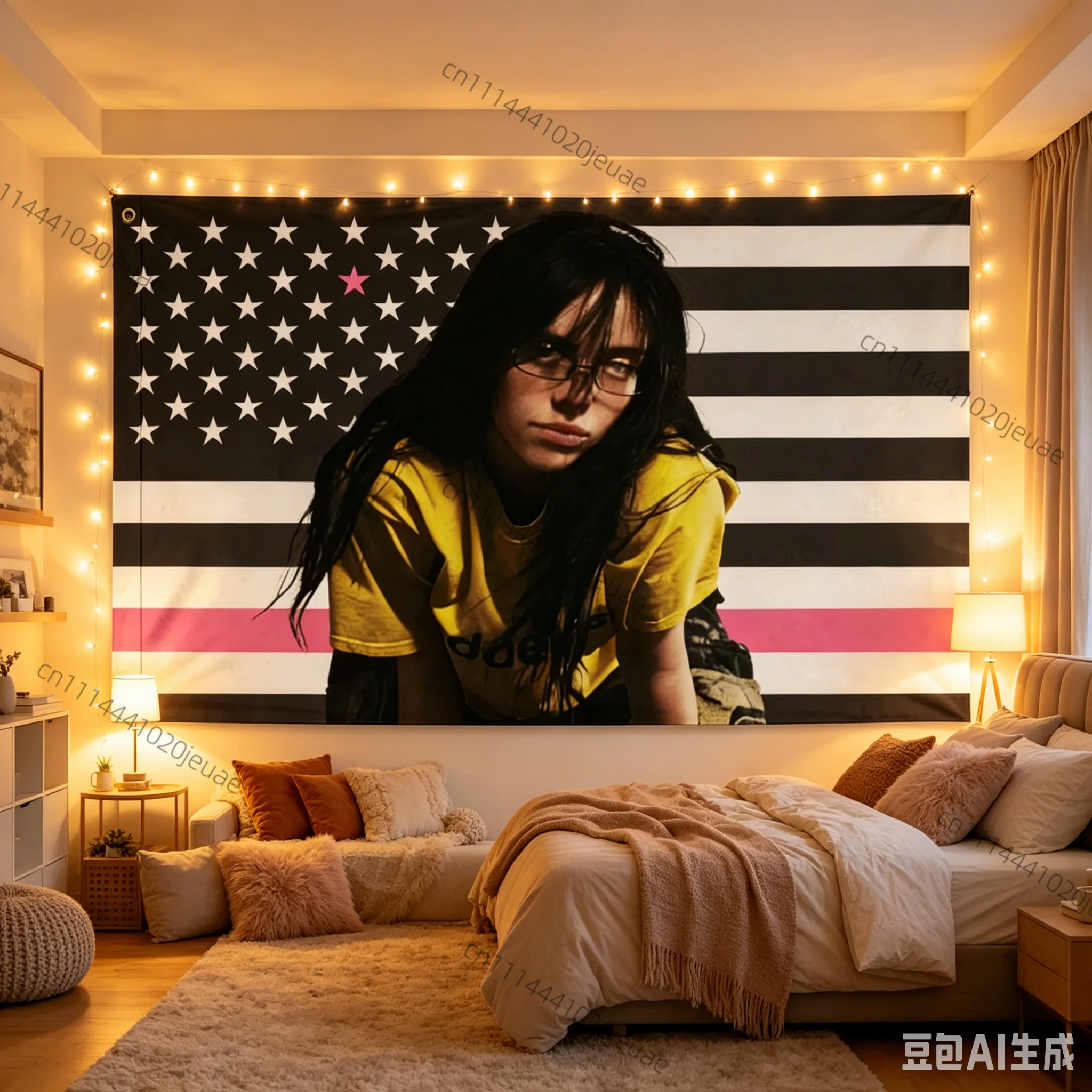 90X150CM Unique B-Billie E-Eilish American Flag Tapestry Wall Art Decor Pink Accent Black White Fan Room Background Cloth Banner