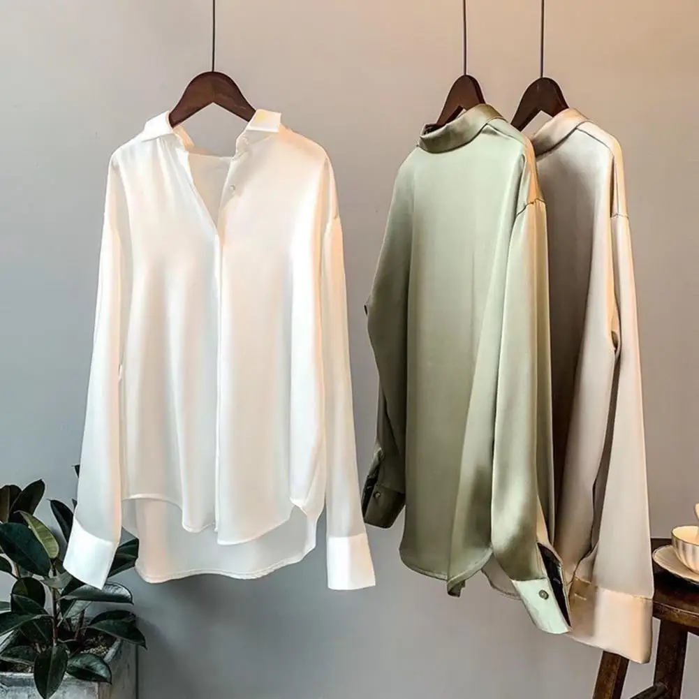 Spring Women Shirt Silky Satin Turn-down Collar Single-breasted Loose Blouse Soft Long Sleeve Formal Business OL Commute Top