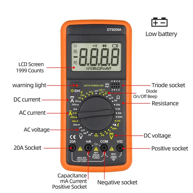 Imagem -04 - Elétrica Handheld Tester Medidor Multímetro Digital Amperímetro Display Lcd Dt9205a ac dc Profissional