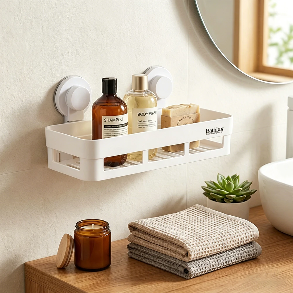 

1 Pc Suction Cup Bathroom Shelf White Shower Caddy No Punching Square Storage Rack for Shampoo & Body Wash Bath Organizer Holder