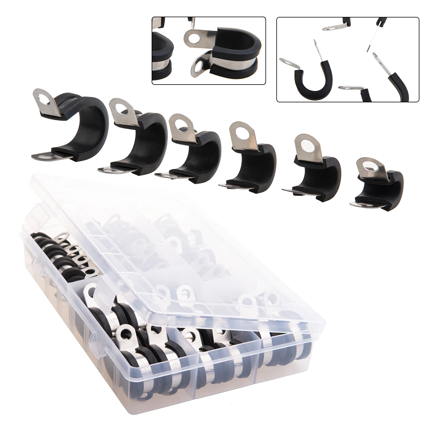 

52PCS 6 Sizes 5/16" 1/4" 3/8" 1/2'' 5/8" 3/4" Rubber Cushion Insulated Clamp Stainless Steel Metal Clamp Cable Clamp Tool Kit