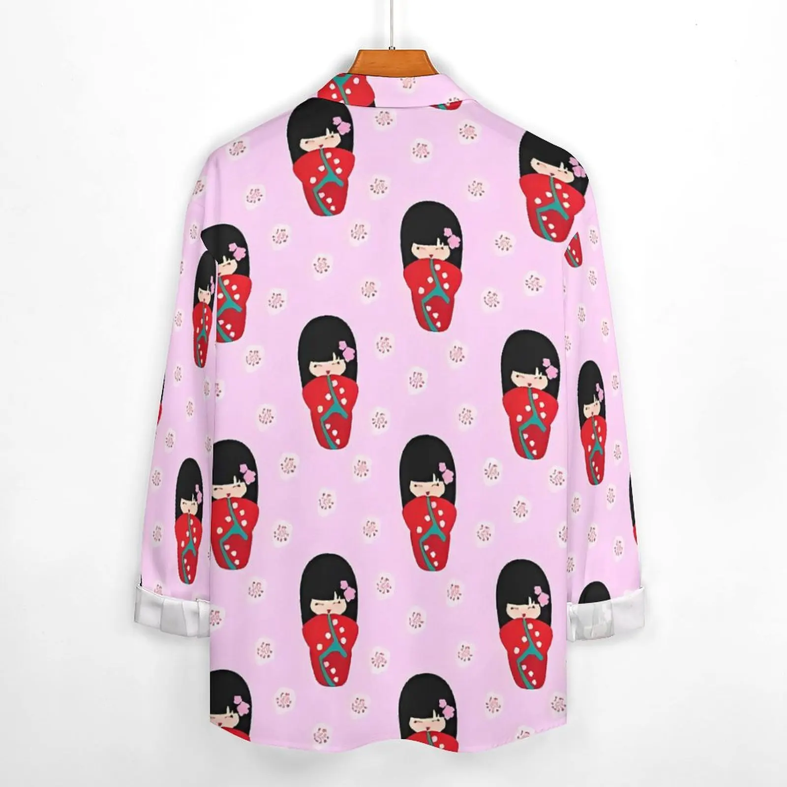 Japanese Dolls Street Casual Shirt Man Red Kokeshi Shirt Spring Vintage Blouses Long Sleeve Printed Oversized Clothing