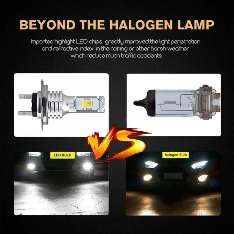 2 PCS Car H7 LED Headlight Bulbs Lights High Low Beam 55W 8000LM 6000K DC 12-24V Super Bright Daytime Running Lights Fog Lights