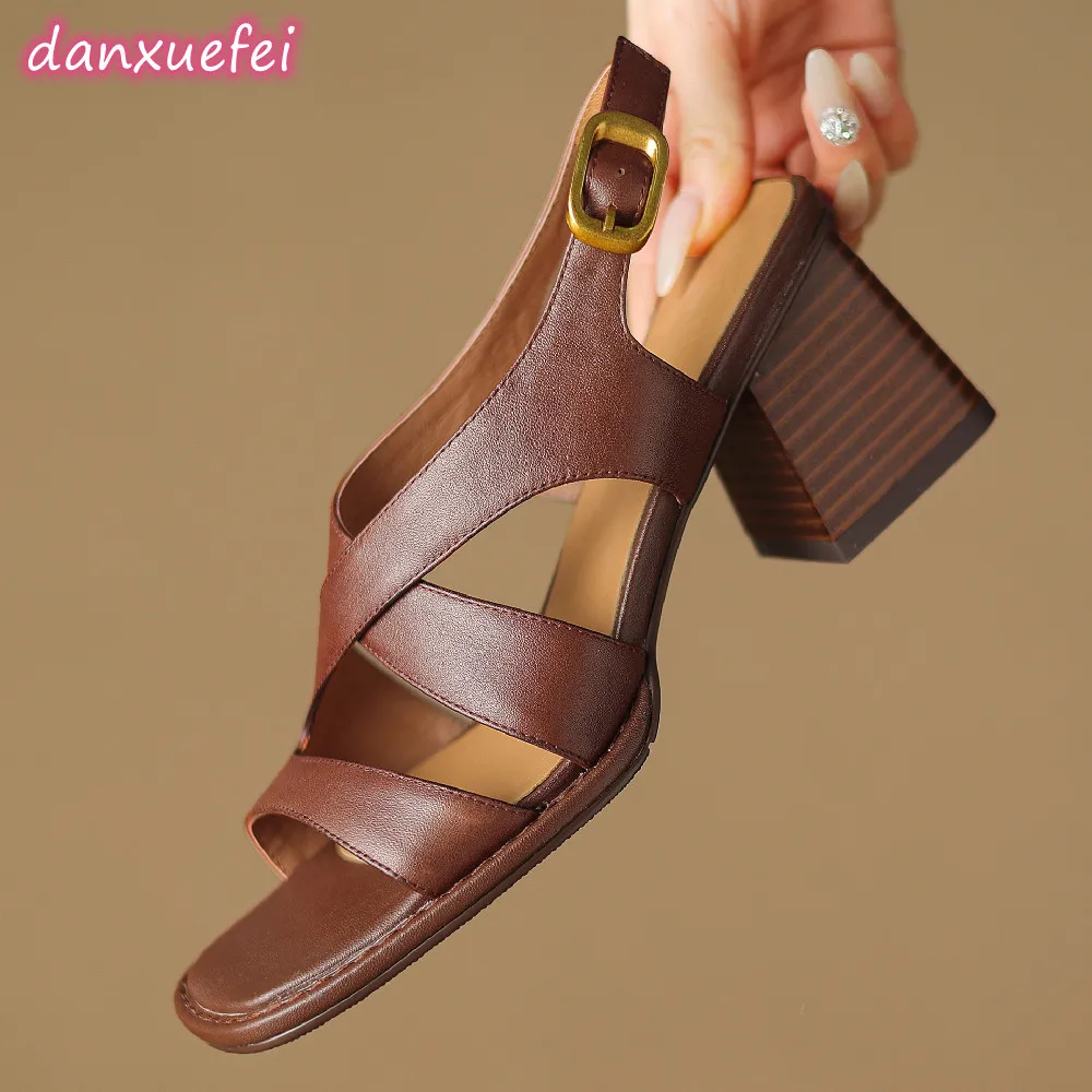 

danxuefei plus size 34-42 women's sandals genuine leather narrow band cross strap 6cm thick high heel open toe summer heels shoe