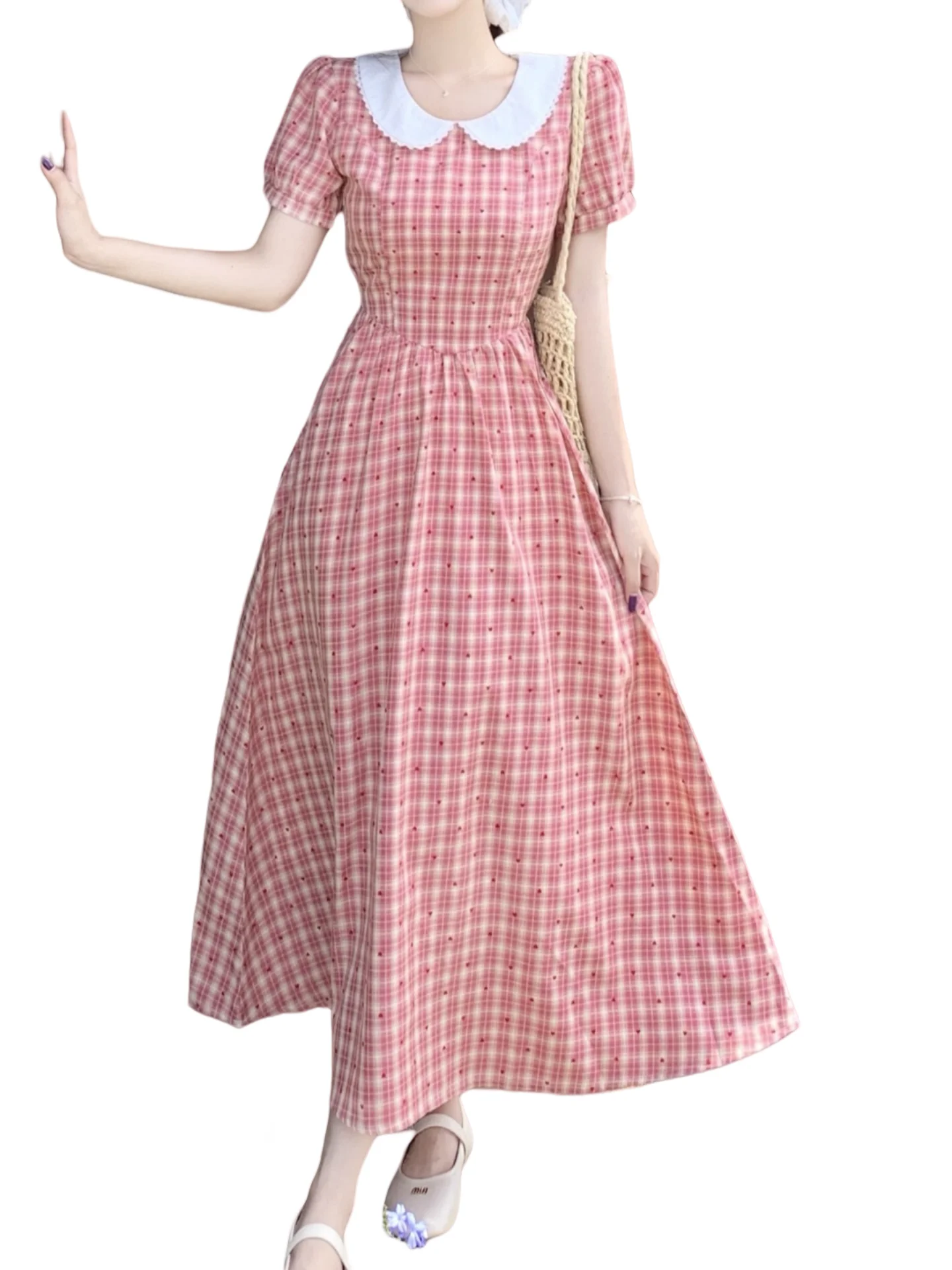 plus Size Sweet Girl Doll Collar Plaid ort Sve Dr Summer Slimming High Waist A-Line Skirt Bubble Sve Soft Fabric