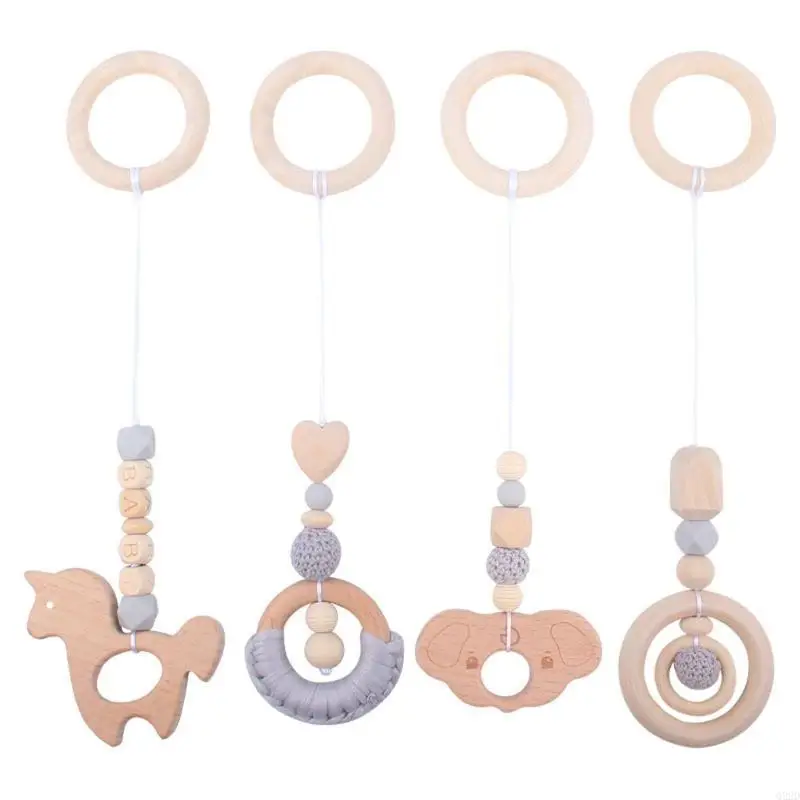 Q22D 4 PCs Baby Fitnessrahmen Anhänger Fitness Rack Kinderwagen Krippe Rasseln Holzringperlen Teether Hanging Mobile Bett