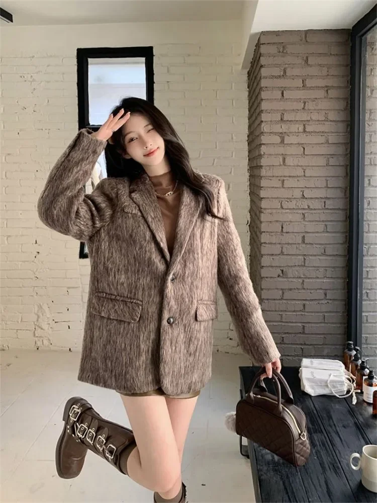 Insozkdg 2024 Winter Elegant Office Woolen Suit Jacket Thick Long Sleeve Buttons Slim Women Blazer Female Coat Top Blazer Women