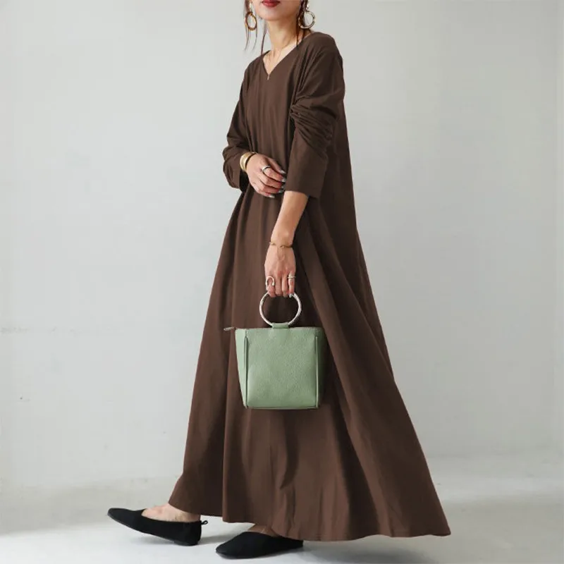 Women's long-sleeved V-neck solid color dress, fashion, pocket, plus size, autumn, new cotton casual dress.