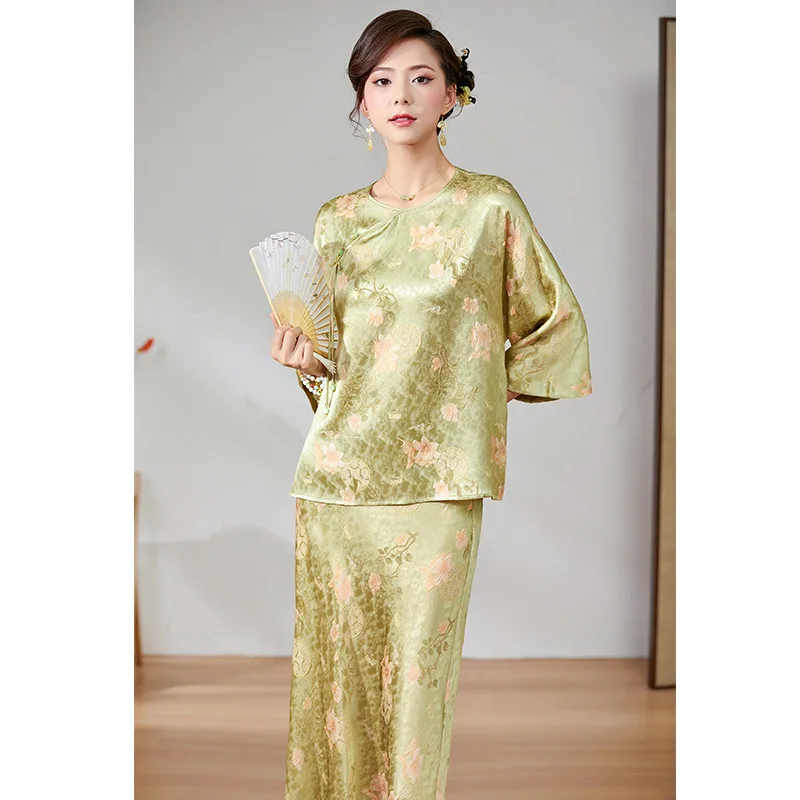 BirdTree, 32MM 50%Real Silk Elegant Skirt Set, Women Long Sleeve Flower Jacquard, Chinese Retro Skirt, 2024 Summer New S44983QC