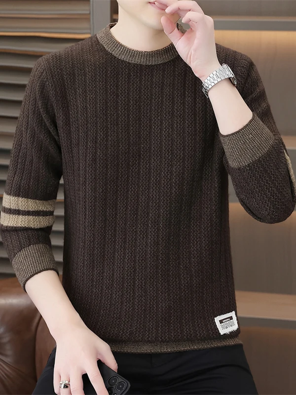 

Новинка 2025: Модный мужской утепленный трикотажный джемпер в полоску для осени и зимы, повседневная теплая внутренняя одежда из смесового полиэстера с длинным рукавом