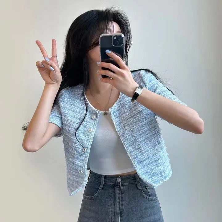 Żakiet tweedowy z frędzlami damski jesienny minimalistyczny zamszowy haftowany jednorzędowy prosty jedwabny miękki Harajuku prosty prążkowany bawełniany OL
